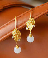 Women Gold Sterling Silver Overgild Zircon Jade Leaf Drop Earrings